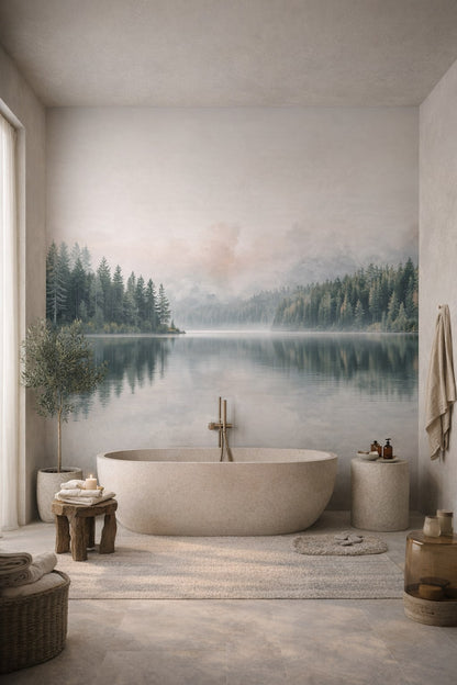 Wabi-sabi muted-earth misty forest lake featuring water reflection - Wall Mural Peel and Stick Wallpaper for Wabi-sabi Luxury Bathroom.