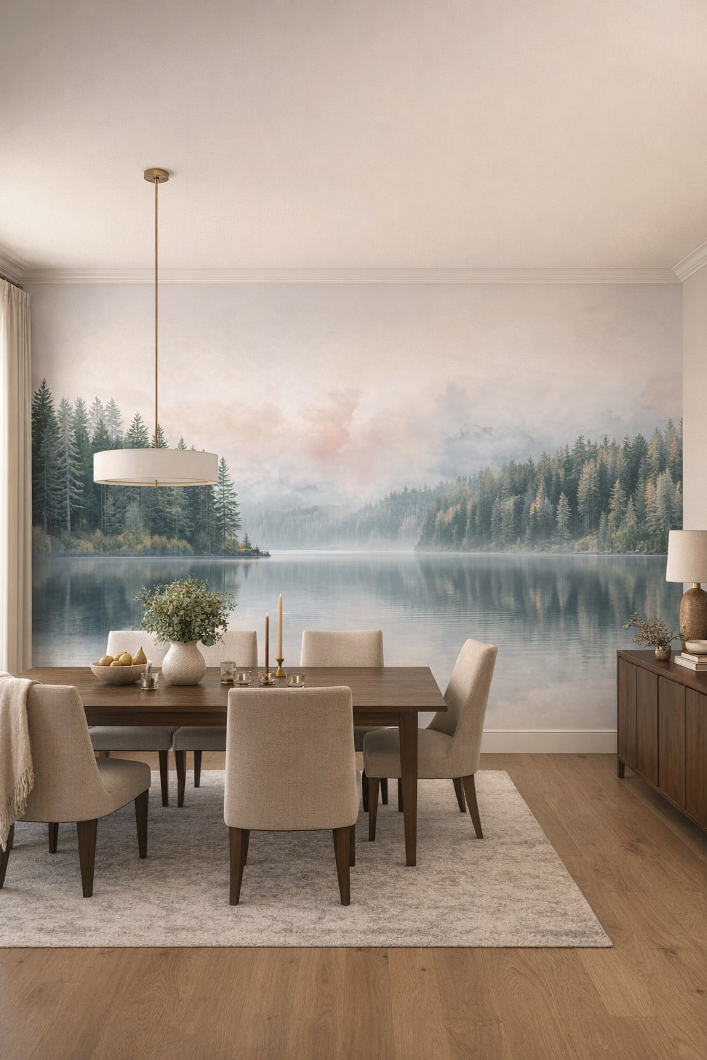 Greige refined misty forest lake featuring water reflection - Wall Mural Peel and Stick Wallpaper for Quiet Luxury Formal Dining Room