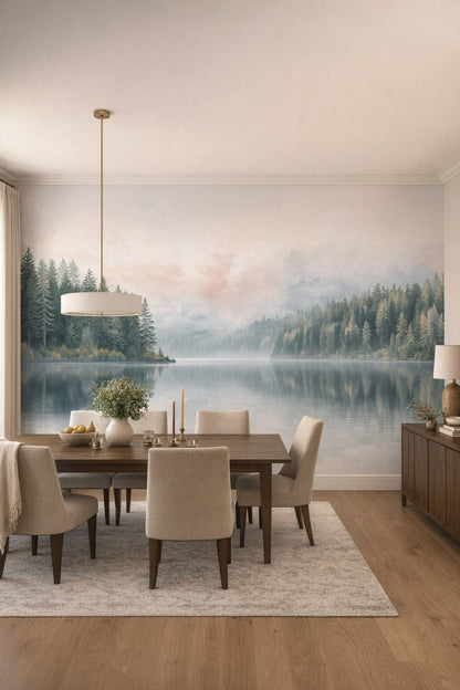 Greige refined misty forest lake featuring water reflection - Wall Mural Peel and Stick Wallpaper for Quiet Luxury Formal Dining Room