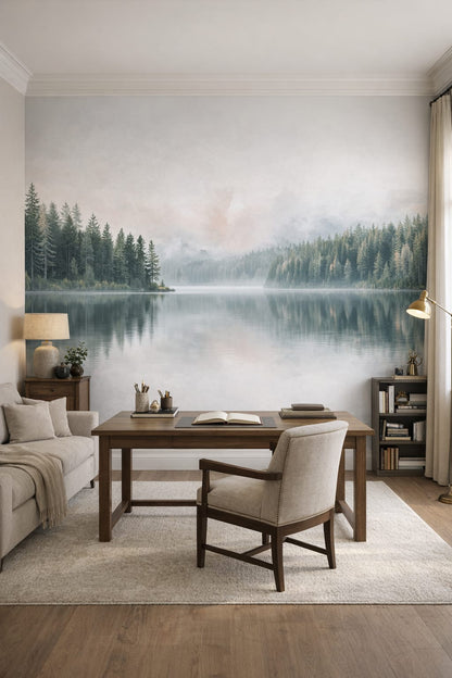 Cream-toned scholarly misty forest lake featuring evergreen trees - Wall Mural Peel and Stick Wallpaper for Light Academia Executive Home Office.