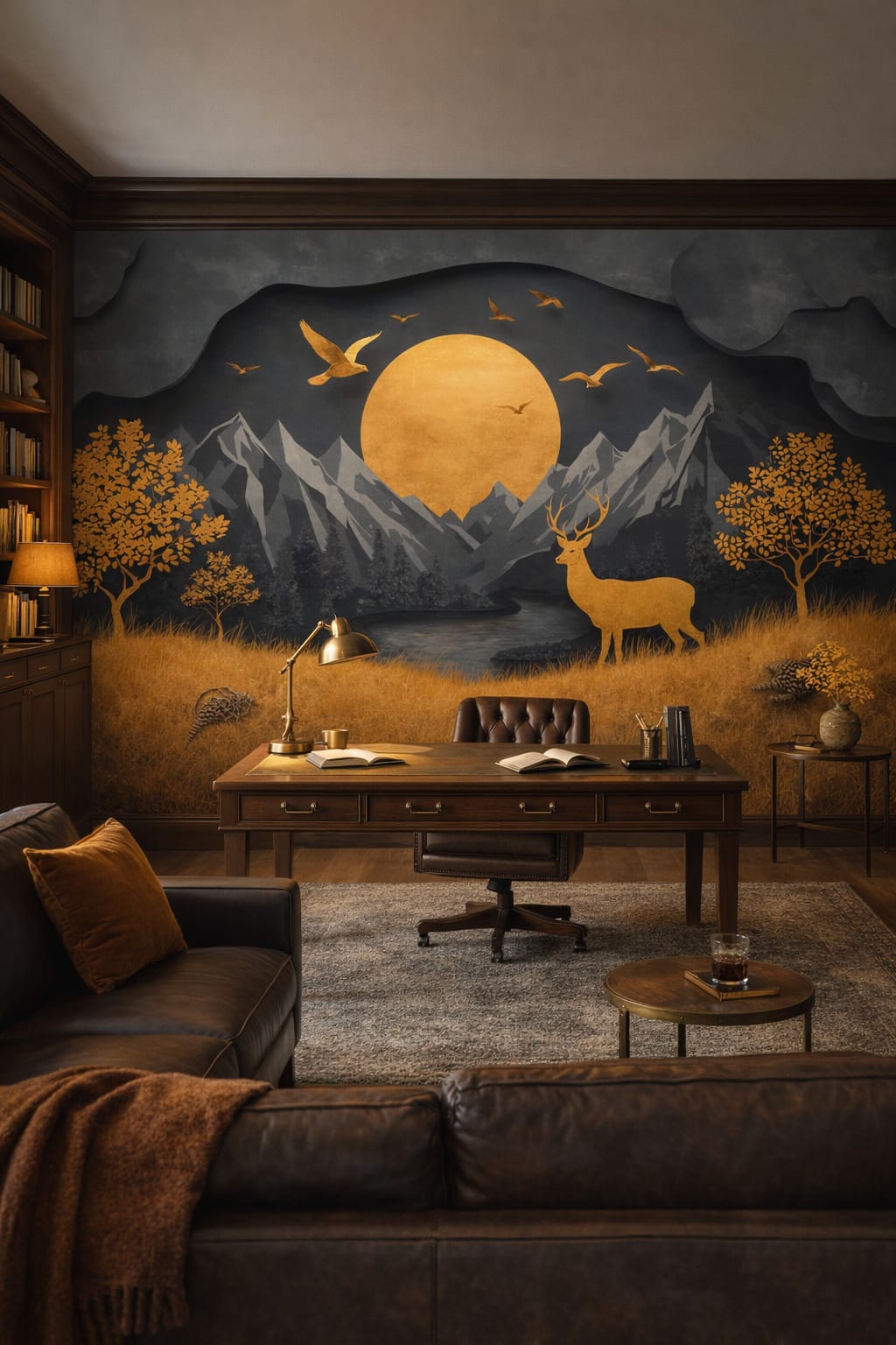 Deep green Dark Academia moonlit mountain landscape featuring deer - Wall Mural Peel and Stick Wallpaper for Dark Academia Executive Home Office.