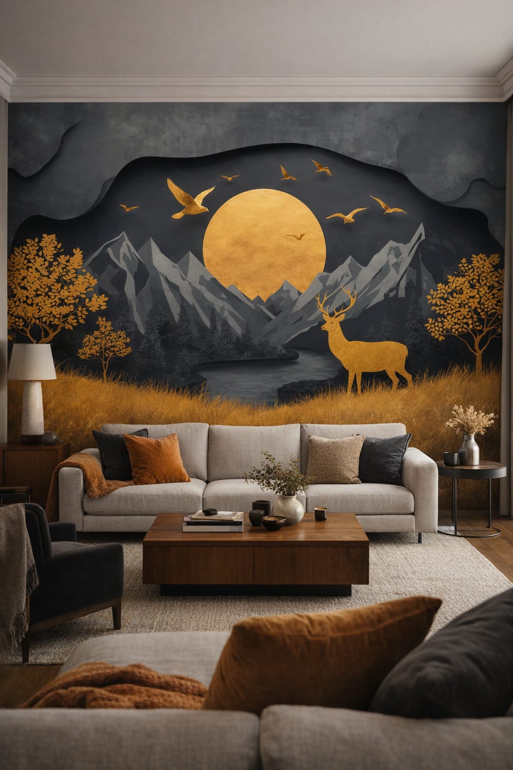 Modern (Modernist) monochrome - moonlit mountain landscape featuring deer - Wall Mural Peel and Stick Wallpaper for Modern (Modernist) Living Room.