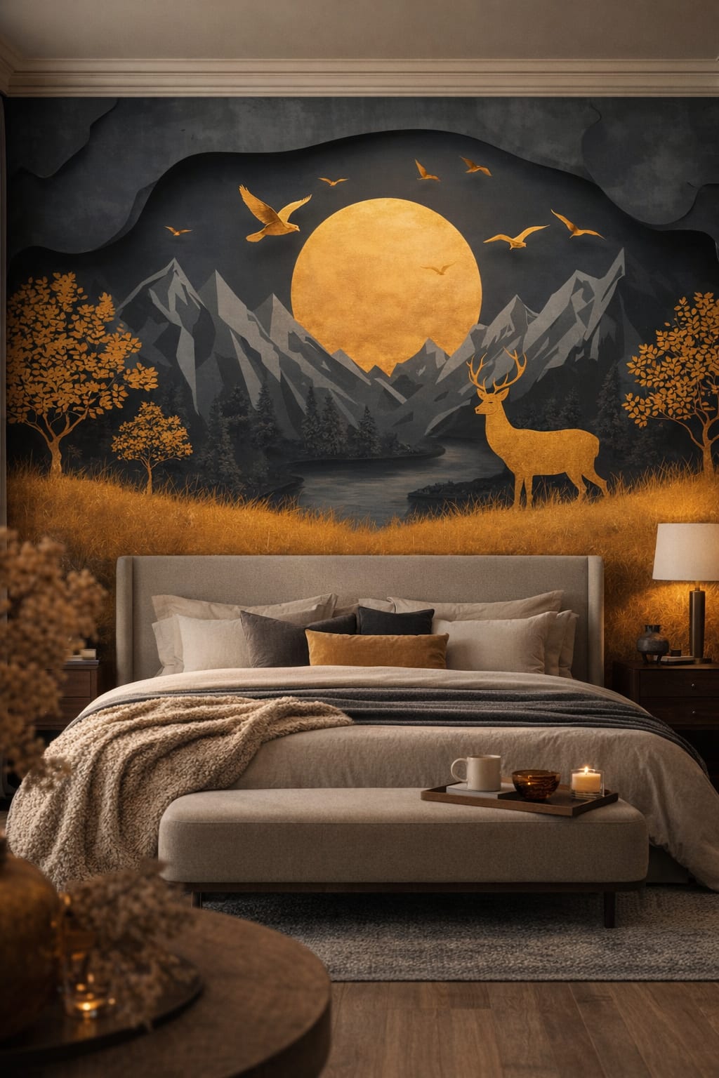 Greige quiet-luxury moonlit mountain landscape featuring deer - Wall Mural Peel and Stick Wallpaper for Quiet Luxury Master Bedroom.