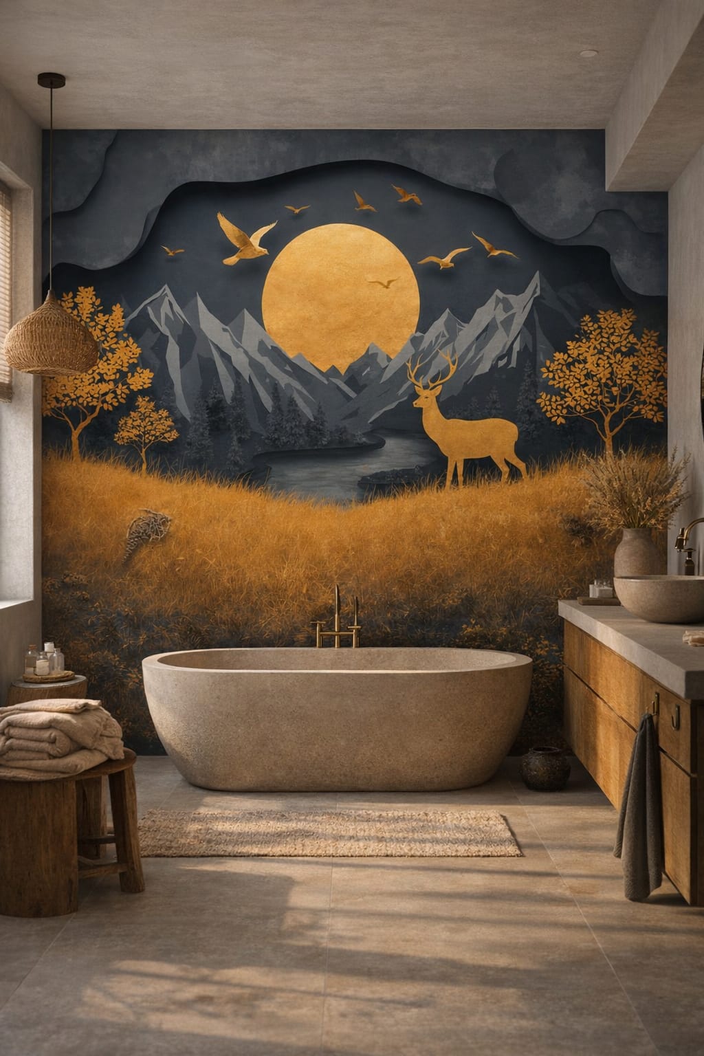 Wabi-sabi earth-toned moonlit mountain landscape featuring deer - Wall Mural Peel and Stick Wallpaper for Wabi-sabi Luxury Bathroom.