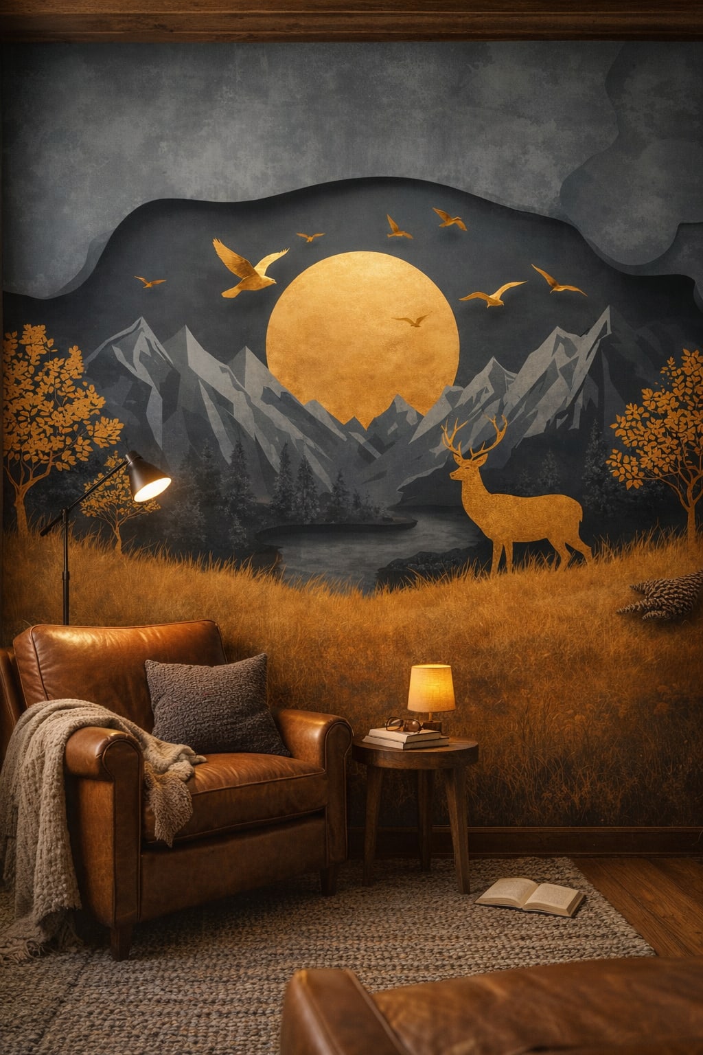 Rustic brown, forest green moonlit mountain landscape featuring deer - Wall Mural Peel and Stick Wallpaper for Cabin / Lodge Reading Corner.
