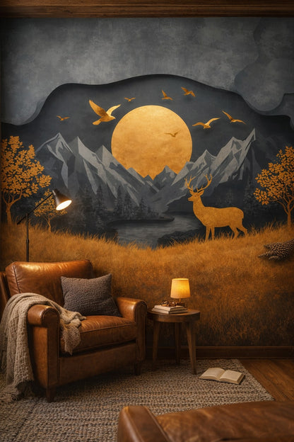 Rustic brown, forest green moonlit mountain landscape featuring deer - Wall Mural Peel and Stick Wallpaper for Cabin / Lodge Reading Corner.