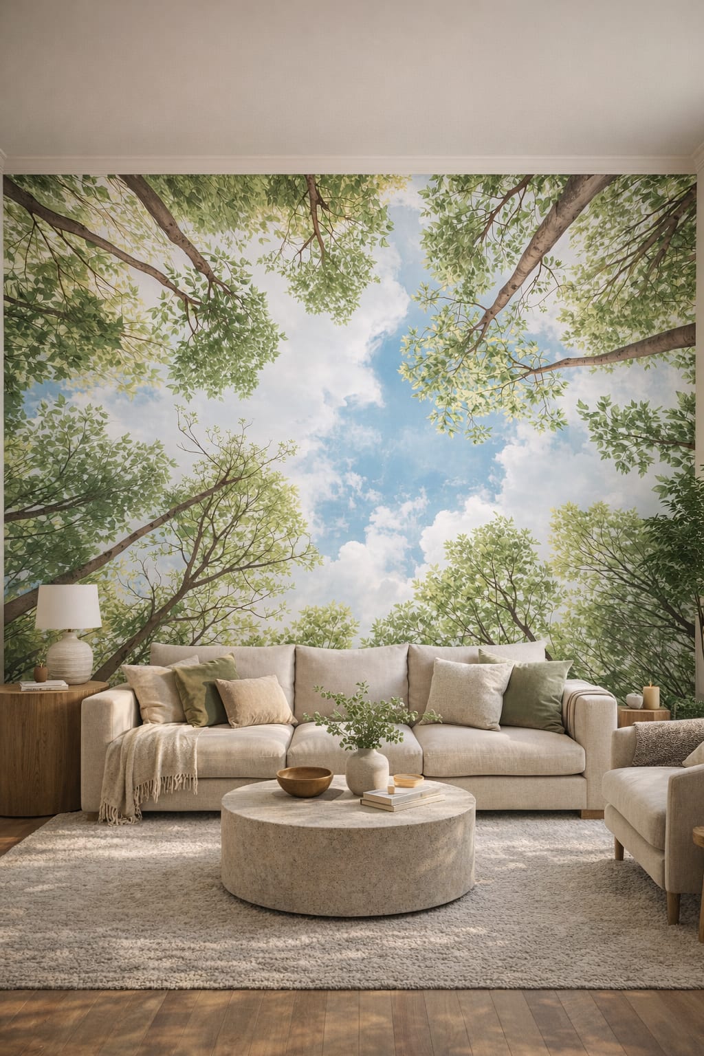 Green neutral biophilic tree canopy featuring sky view - Wall Mural Peel and Stick Wallpaper for Biophilic Design Living Room.