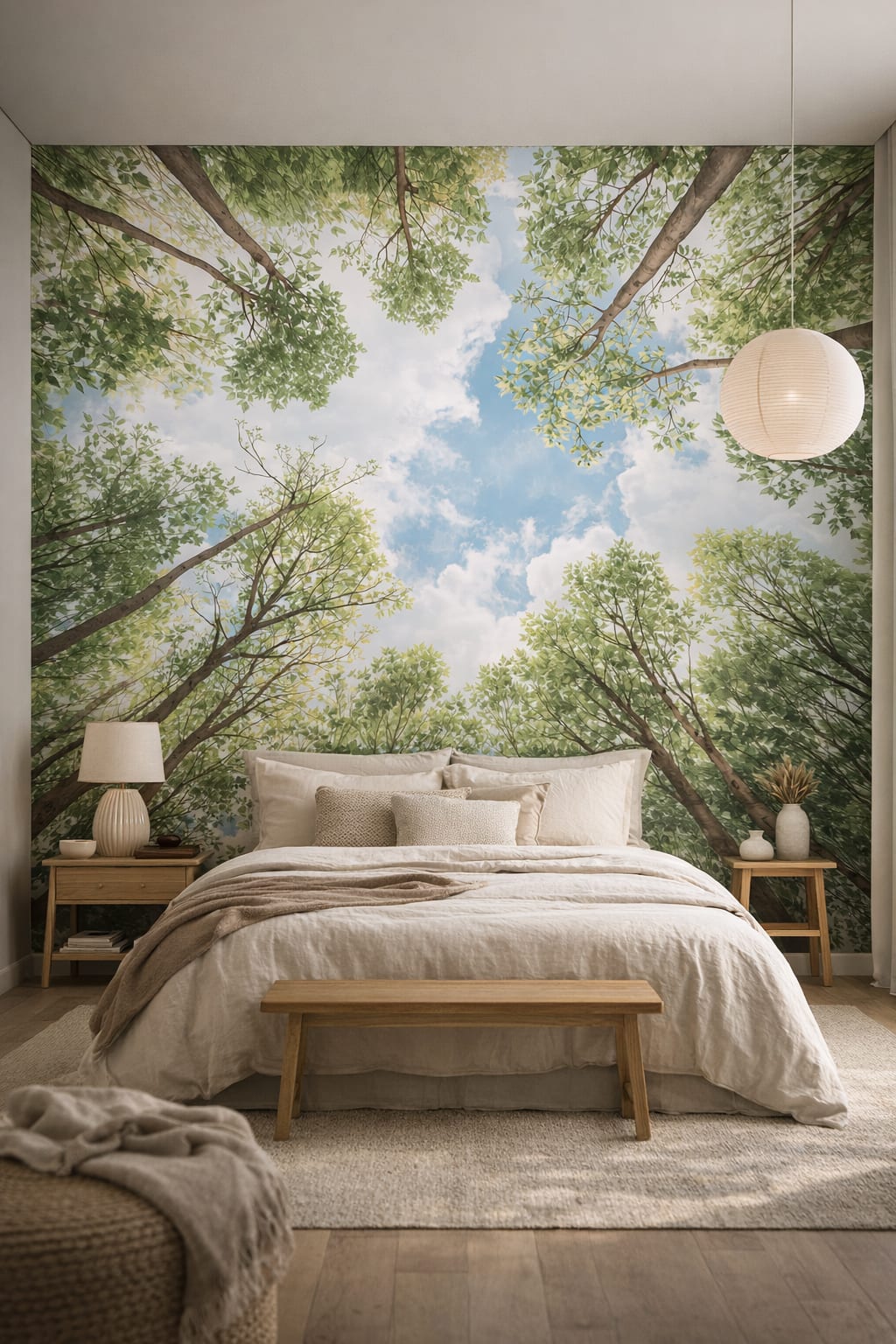 Japandi off-white tree canopy featuring sky view - Wall Mural Peel and Stick Wallpaper for Japandi Master Bedroom.