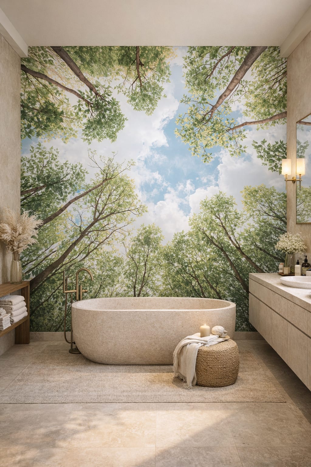 Organic Modern cream-toned tree canopy featuring sky view - Wall Mural Peel and Stick Wallpaper for Organic Modern Luxury Bathroom.