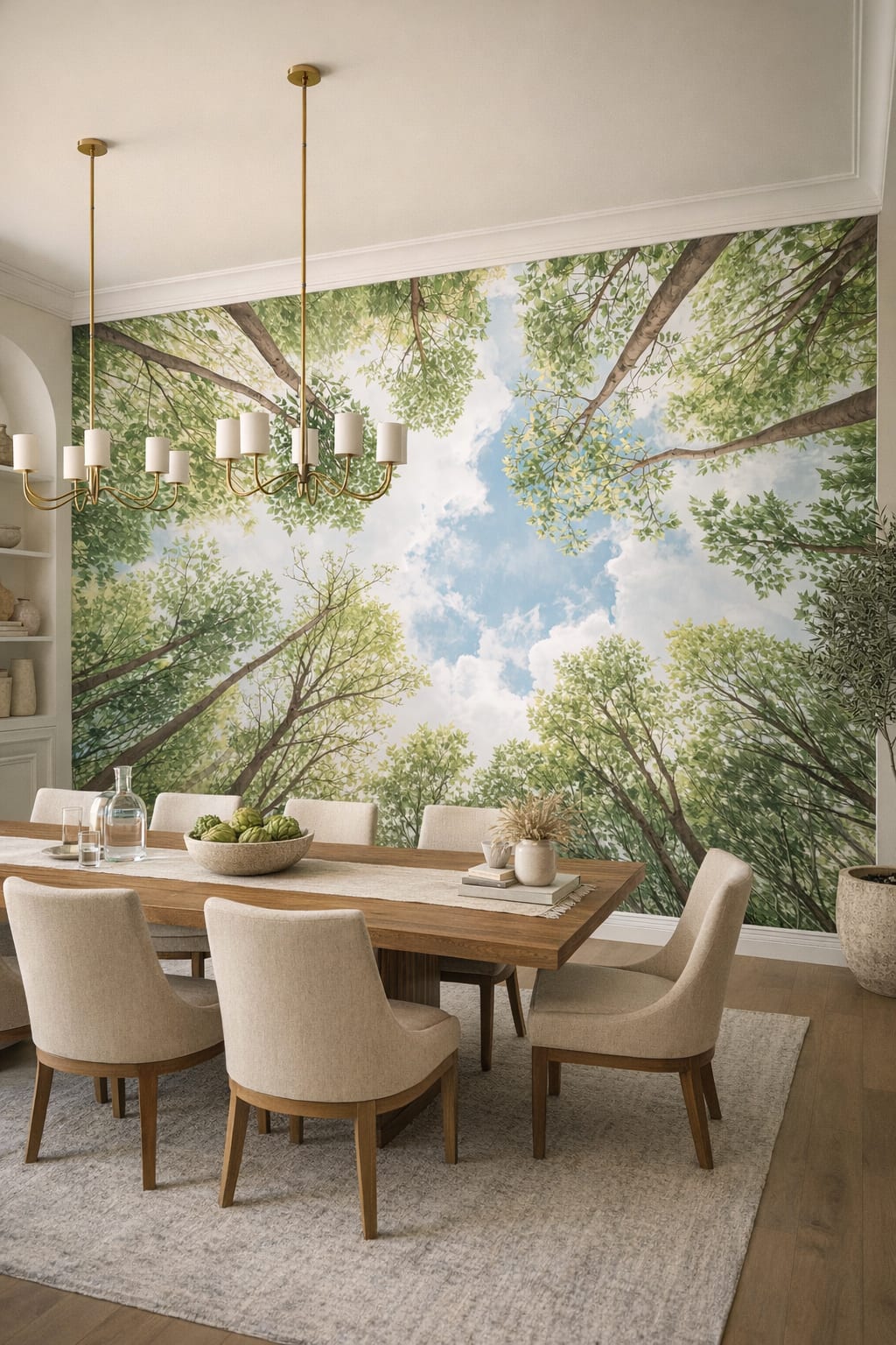 Mediterranean Modern blue-white tree canopy featuring sky view - Wall Mural Peel and Stick Wallpaper for Mediterranean Modern Formal Dining Room.