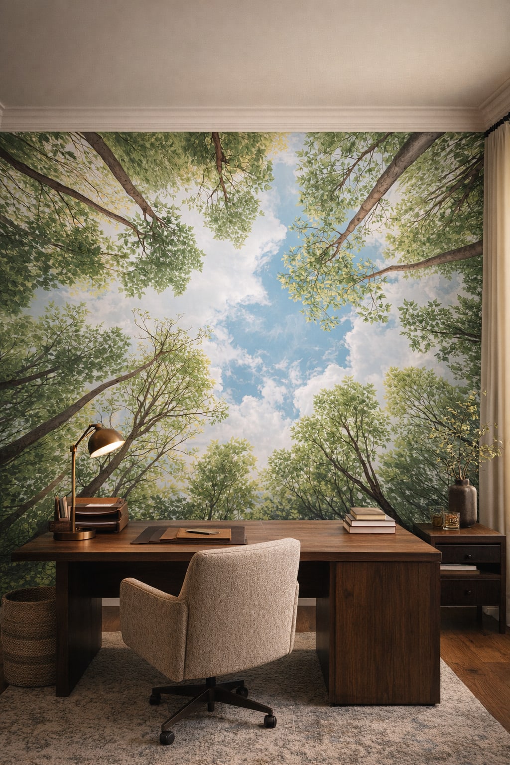 Quiet Luxury greige tree canopy featuring sky view - Wall Mural Peel and Stick Wallpaper for Quiet Luxury Executive Home Office.