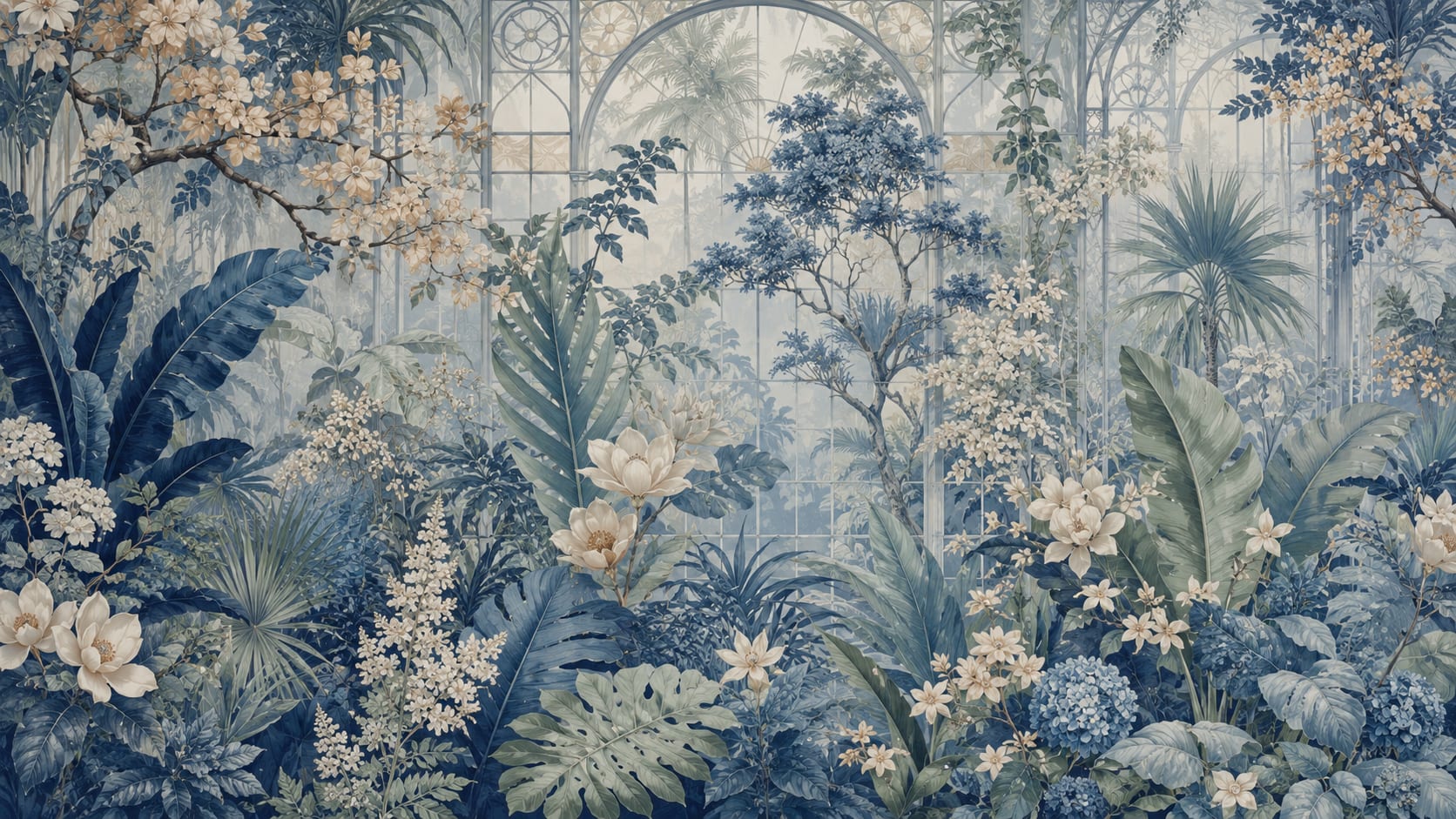 Lush refined Dusty Blue botanical garden featuring greenhouse arches, tropical leaves, and floral blossoms - Wall Mural & Peel and Stick Wallpaper for Mural Scene Interiors and Premium Home Styling
