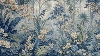 Lush refined Dusty Blue botanical garden featuring greenhouse arches, tropical leaves, and floral blossoms - Wall Mural & Peel and Stick Wallpaper for Mural Scene Interiors and Premium Home Styling
