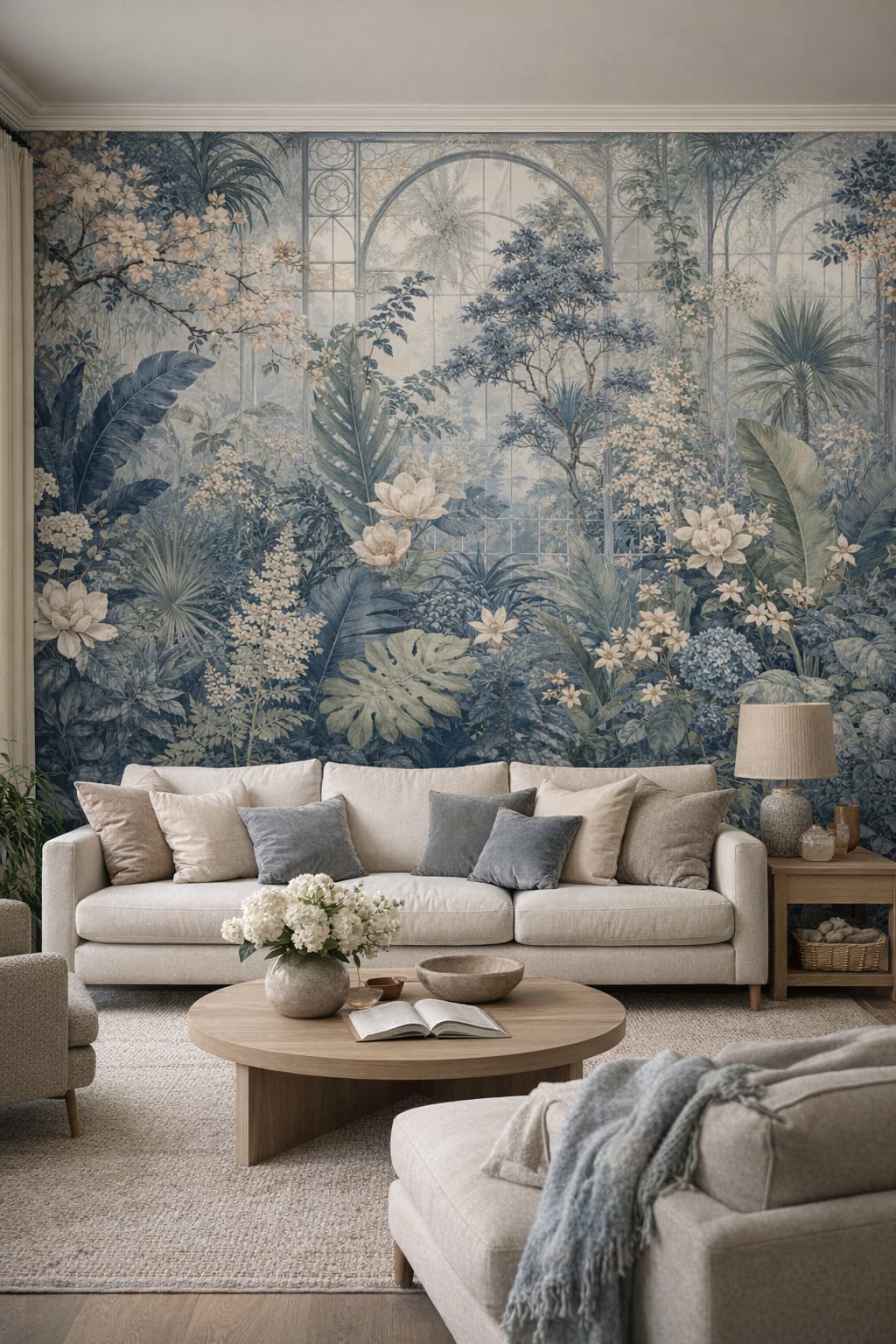 Cream Organic Modern botanical garden featuring greenhouse arches - Wall Mural Peel and Stick Wallpaper for Organic Modern Living Room.