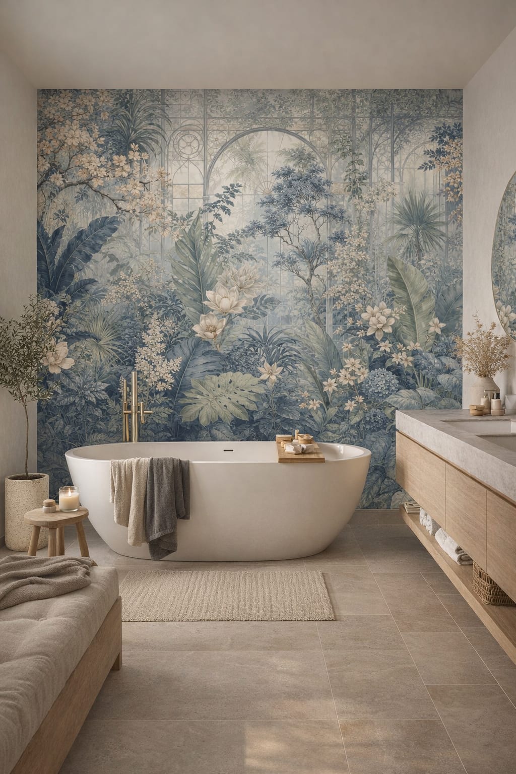 Japandi sand-toned botanical garden featuring greenhouse arches - Wall Mural Peel and Stick Wallpaper for Japandi Luxury Bathroom.