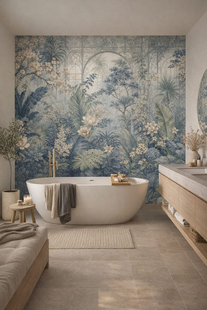 Japandi sand-toned botanical garden featuring greenhouse arches - Wall Mural Peel and Stick Wallpaper for Japandi Luxury Bathroom.