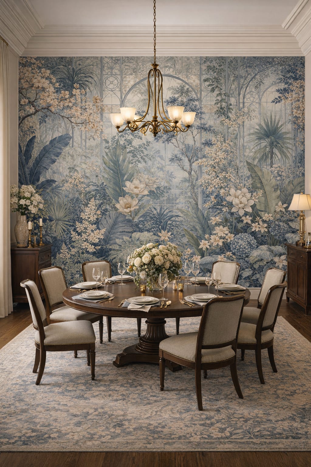 Art Nouveau cream-toned botanical garden featuring greenhouse arches - Wall Mural Peel and Stick Wallpaper for Art Nouveau Formal Dining Room.