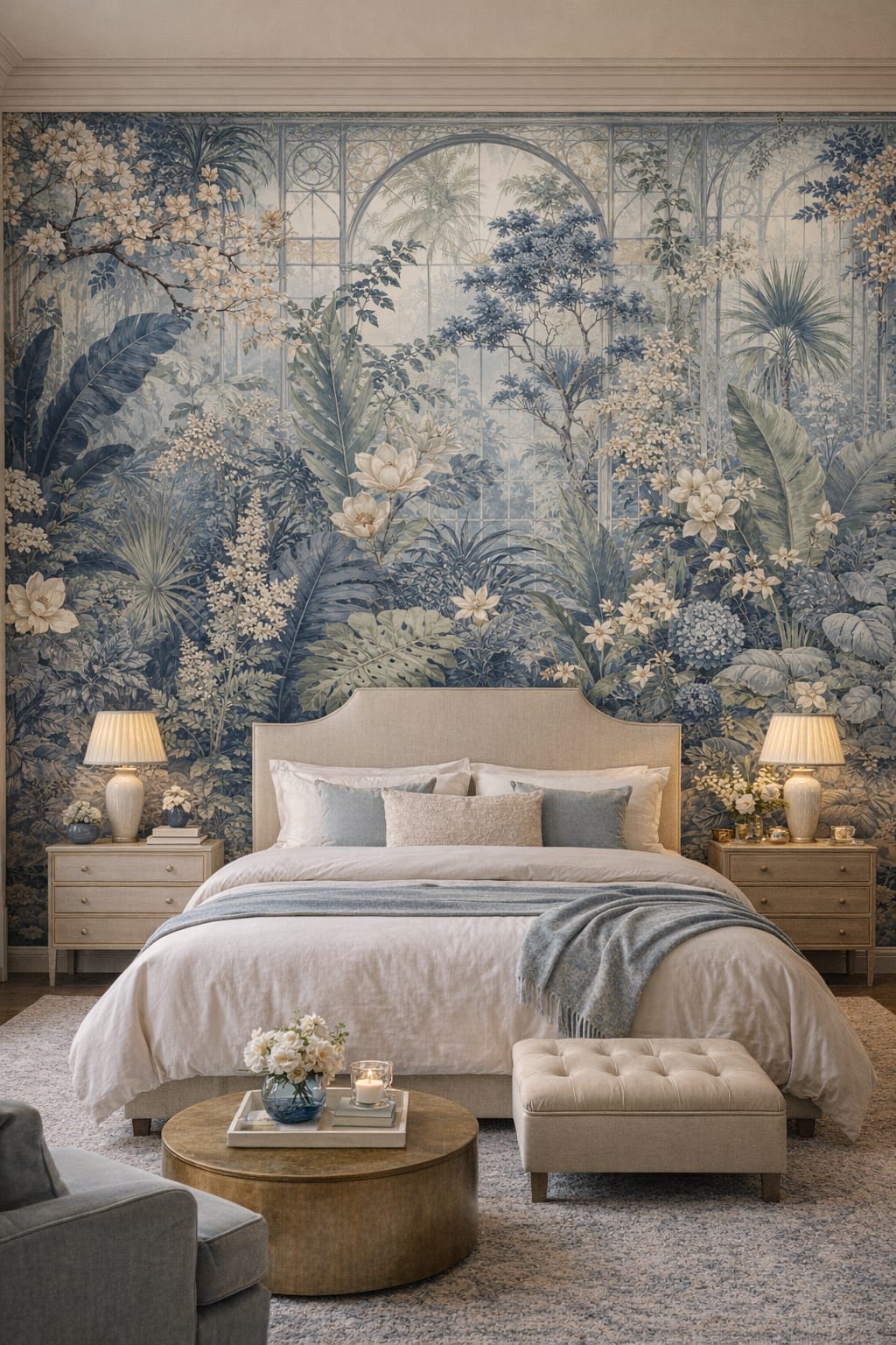 Blue-white Chinoiserie botanical garden featuring greenhouse arches - Wall Mural Peel and Stick Wallpaper for Chinoiserie Master Bedroom.