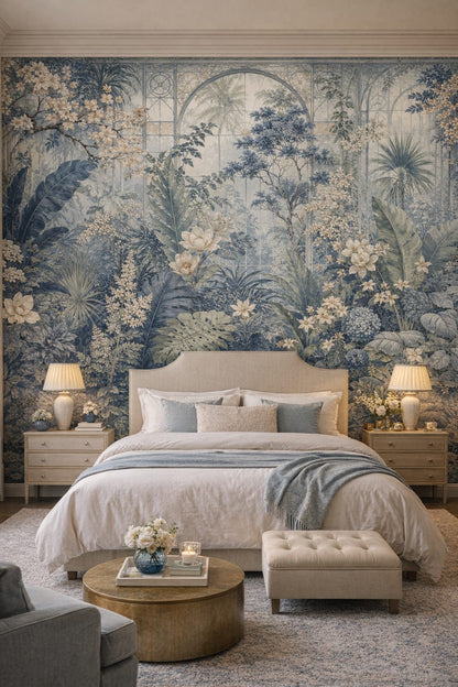 Blue-white Chinoiserie botanical garden featuring greenhouse arches - Wall Mural Peel and Stick Wallpaper for Chinoiserie Master Bedroom.