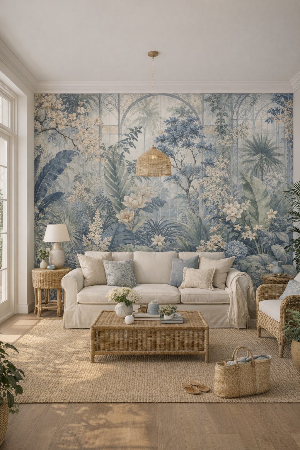 Coastal off-white botanical garden featuring greenhouse arches - Wall Mural Peel and Stick Wallpaper for Coastal Grandma Sunroom.