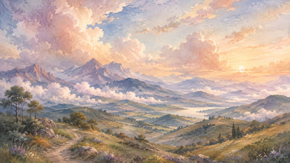 Atmospheric Painterly Blue Mountain Landscape featuring Lake View and Wildflowers - Wall Mural & Peel and Stick Wallpaper for Painterly Interiors and Premium Home Styling.