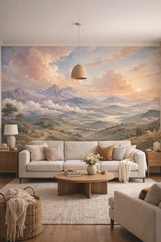 Organic Modern cream mountain landscape featuring lake view - Wall Mural Peel and Stick Wallpaper for Organic Modern Living Room.