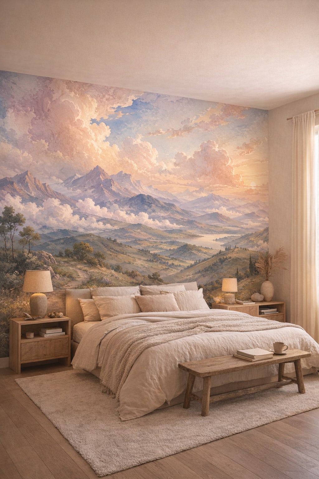 Wabi-sabi muted-earth mountain landscape featuring lake view - Wall Mural Peel and Stick Wallpaper for Wabi-sabi Master Bedroom.