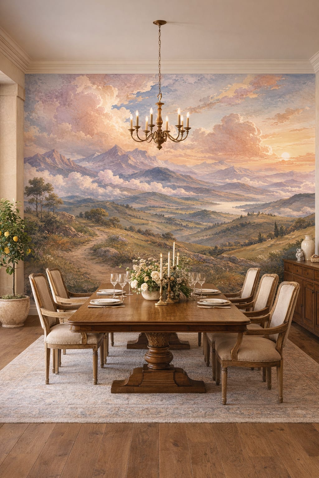 Mediterranean blue mountain landscape featuring lake view - Wall Mural Peel and Stick Wallpaper for Mediterranean Formal Dining Room.