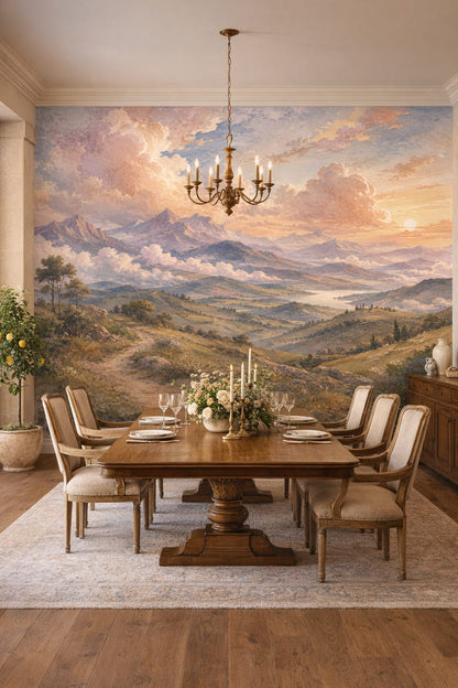 Mediterranean blue mountain landscape featuring lake view - Wall Mural Peel and Stick Wallpaper for Mediterranean Formal Dining Room.