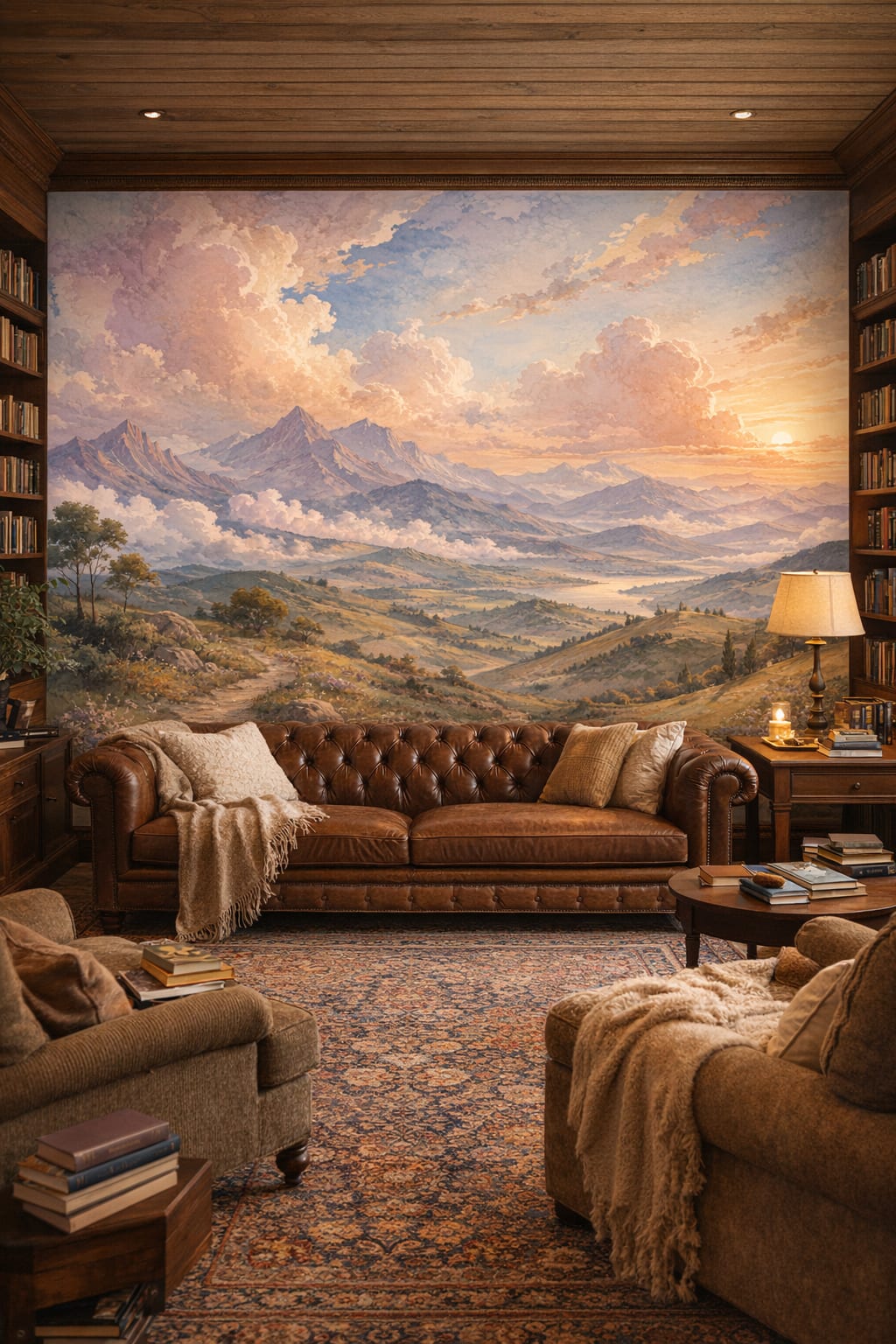 Alpine cream-red mountain landscape featuring lake view - Wall Mural Peel and Stick Wallpaper for Alpine / Chalet Library / Reading Room.