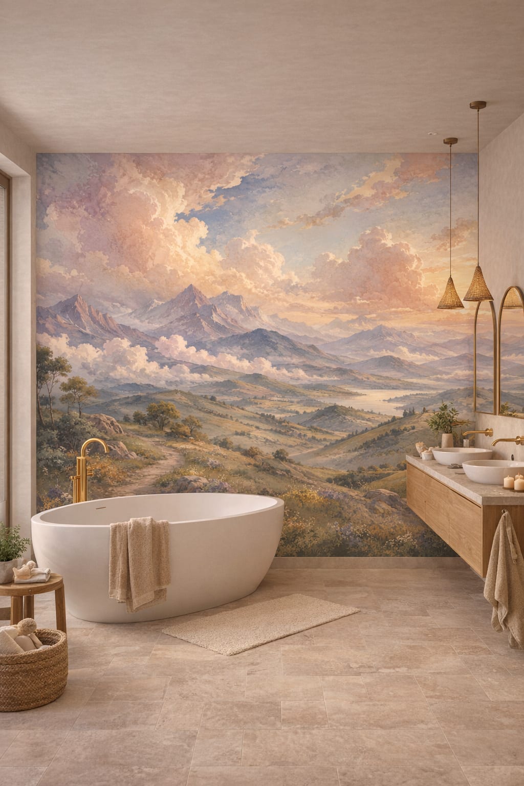 Biophilic green-neutral mountain landscape featuring lake view - Wall Mural Peel and Stick Wallpaper for Biophilic Design Luxury Bathroom.