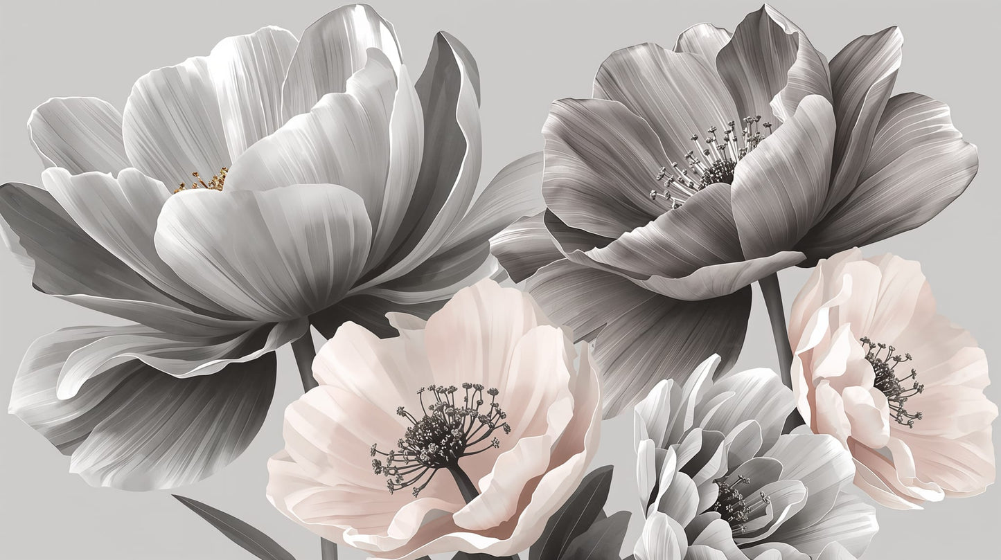 Elegant airy Gray floral blossoms featuring layered petals - Wall Mural & Peel and Stick Wallpaper for Painterly Interiors and Premium Home Styling