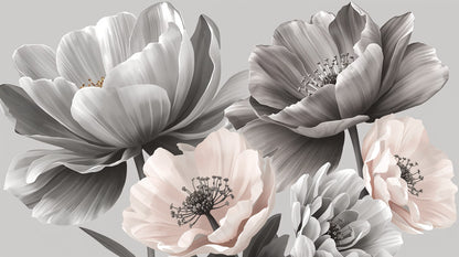 Elegant airy Gray floral blossoms featuring layered petals - Wall Mural & Peel and Stick Wallpaper for Painterly Interiors and Premium Home Styling