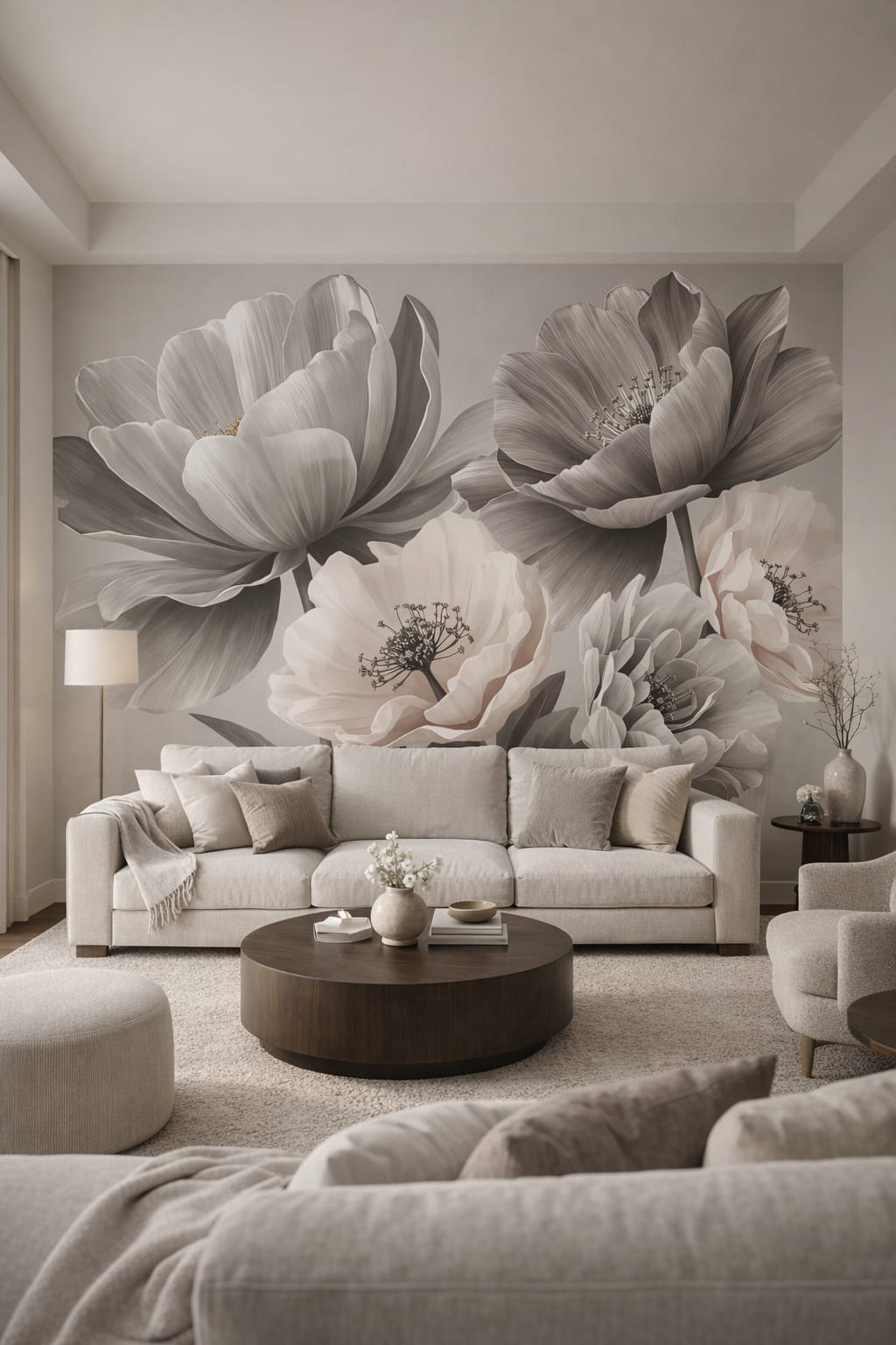 Organic Modern cream-toned floral blossoms - Wall Mural Peel and Stick Wallpaper for Organic Modern Living Room.