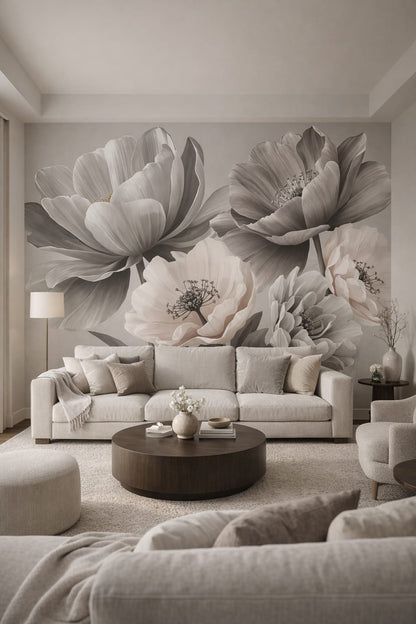 Organic Modern cream-toned floral blossoms - Wall Mural Peel and Stick Wallpaper for Organic Modern Living Room.