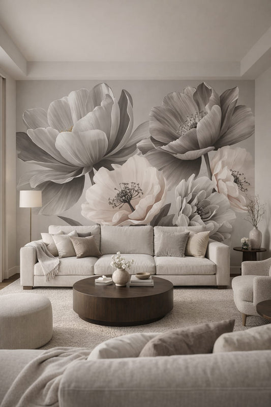 Organic Modern cream-toned floral blossoms - Wall Mural Peel and Stick Wallpaper for Organic Modern Living Room.