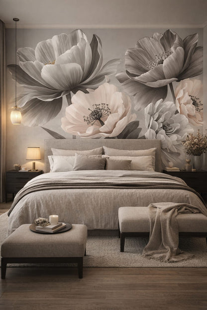Greige Quiet Luxury floral blossoms - Wall Mural Peel and Stick Wallpaper for Quiet Luxury Master Bedroom.
