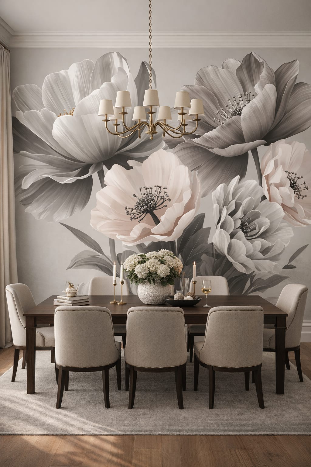 Modern Classic warm gray floral blossoms - Wall Mural Peel and Stick Wallpaper for Modern Classic Formal Dining Room.