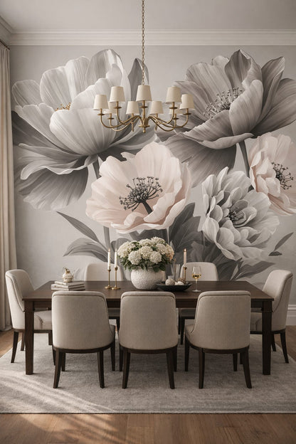Modern Classic warm gray floral blossoms - Wall Mural Peel and Stick Wallpaper for Modern Classic Formal Dining Room.