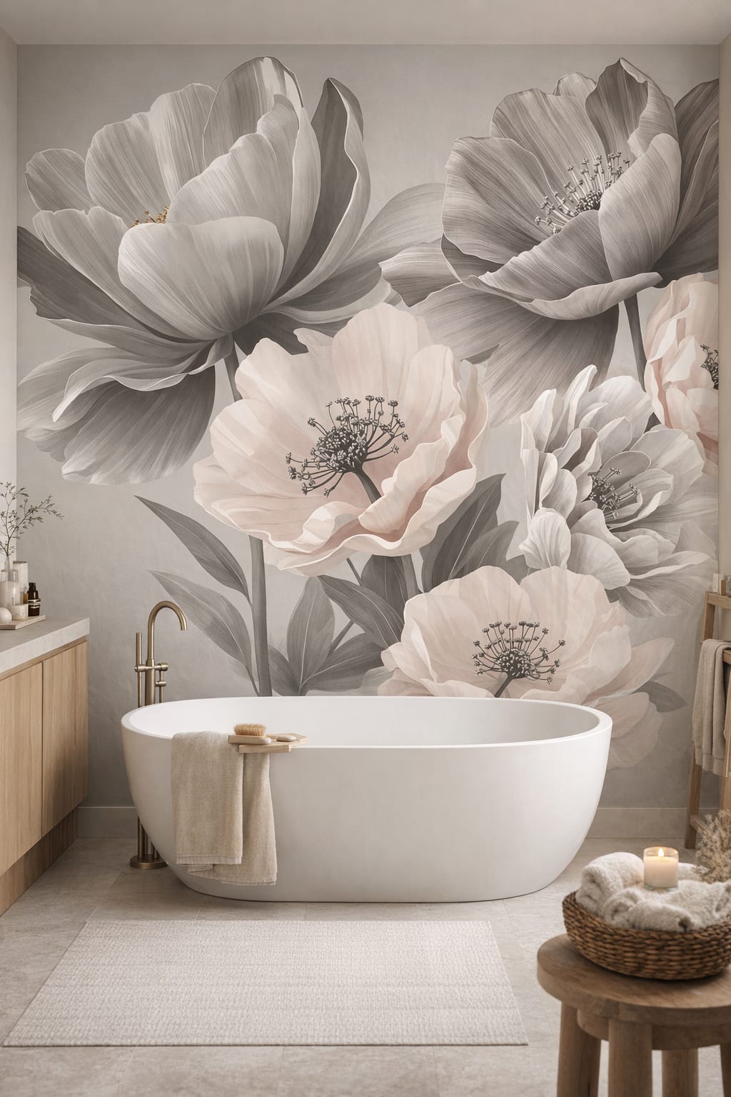 Japandi sand floral blossoms - Wall Mural Peel and Stick Wallpaper for Japandi Luxury Bathroom.