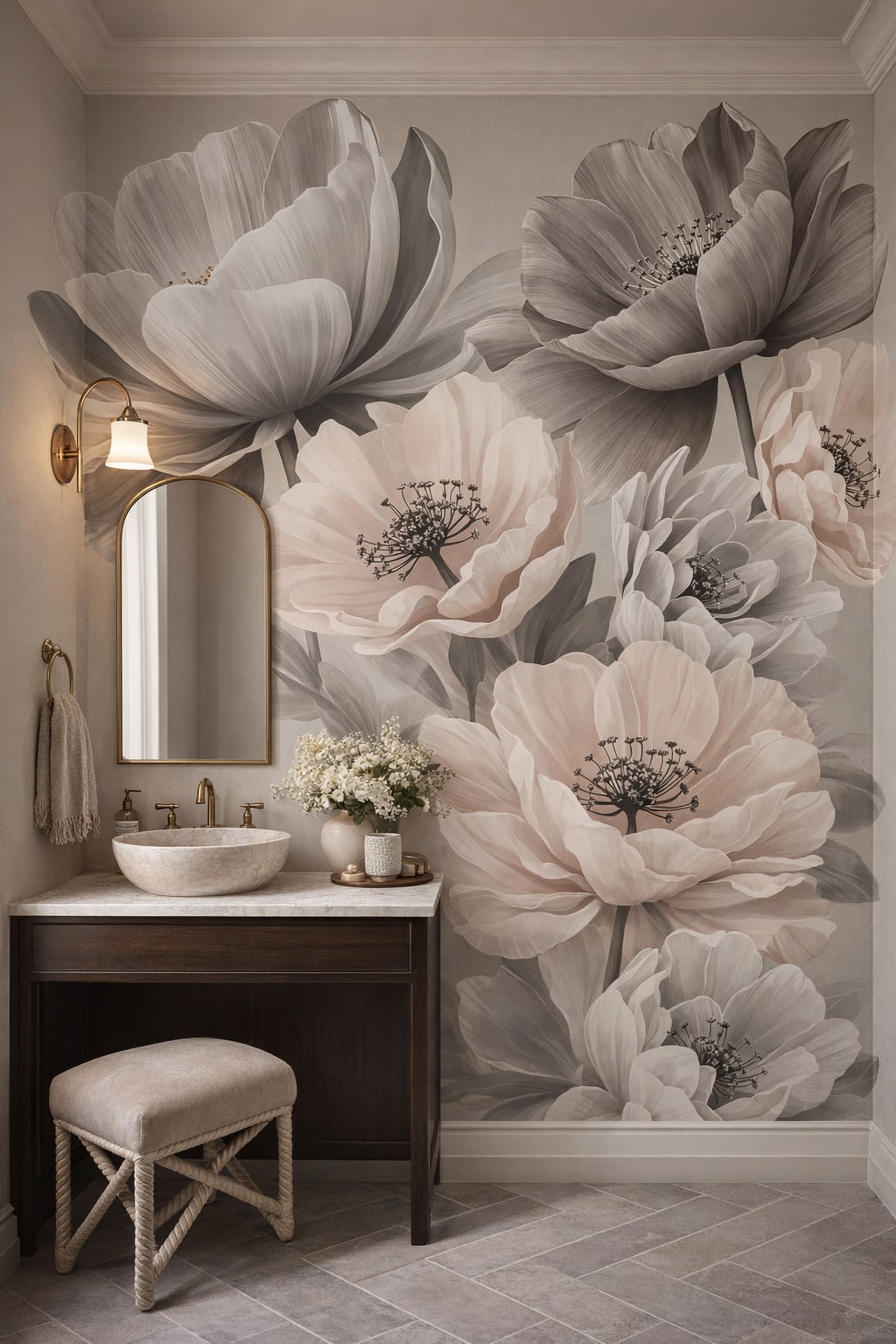 Cream Art Nouveau floral blossoms - Wall Mural Peel and Stick Wallpaper for Art Nouveau Powder Room.
