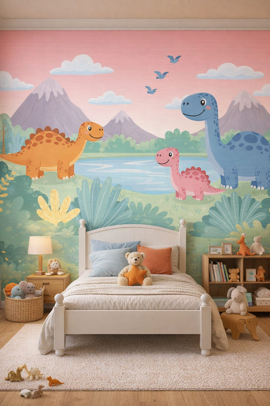 Scandi Kids light gray dinosaurs featuring a lake - Wall Mural Peel and Stick Wallpaper for Scandi Kids Kids Bedroom.