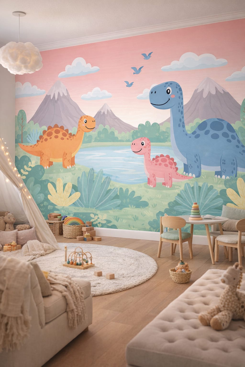 Modern Montessori neutral dinosaurs featuring mountain landscape - Wall Mural Peel and Stick Wallpaper for Modern Montessori Playroom.