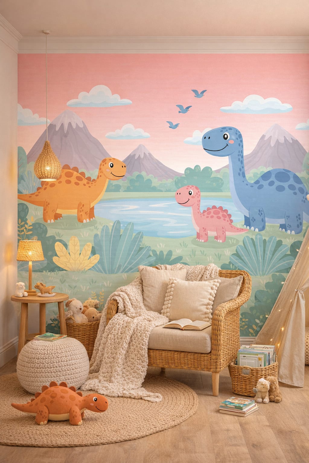 Whimsical Boho terracotta dinosaurs featuring mountain landscape - Wall Mural Peel and Stick Wallpaper for Whimsical Boho Reading Corner.