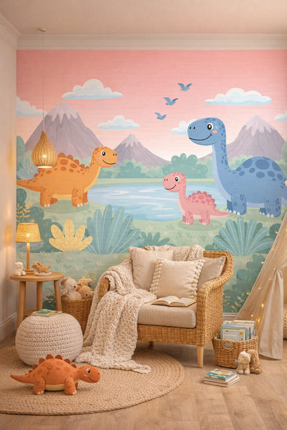 Whimsical Boho terracotta dinosaurs featuring mountain landscape - Wall Mural Peel and Stick Wallpaper for Whimsical Boho Reading Corner.