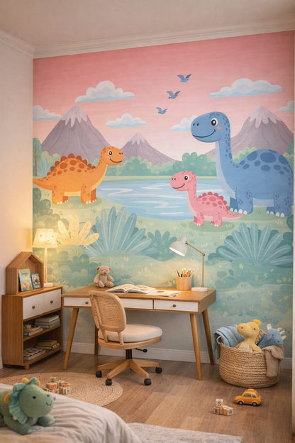 Mid-century Kids teal - dinosaurs featuring a lake - Wall Mural Peel and Stick Wallpaper for Mid-century Kids Homework / Study Corner.