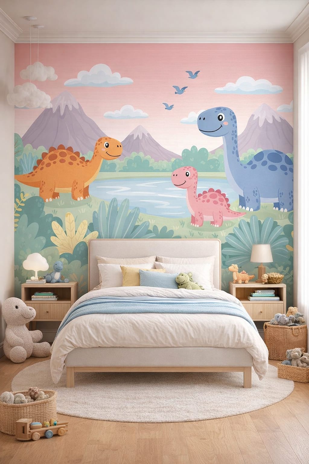 Mint modern dinosaurs featuring mountain landscape - Wall Mural Peel and Stick Wallpaper for Gender-Neutral Contemporary Kids Bedroom.