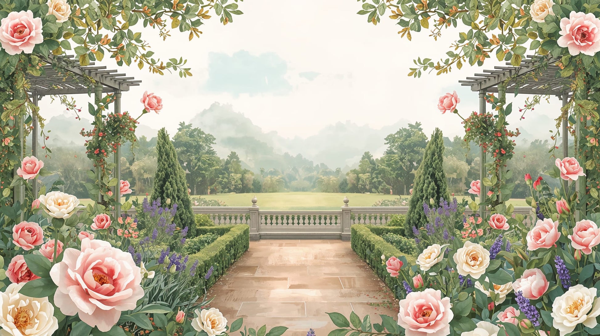 Romantic painterly Sage Green roses featuring pergola and formal garden - Wall Mural & Peel and Stick Wallpaper for Painterly Interiors and Premium Home Styling