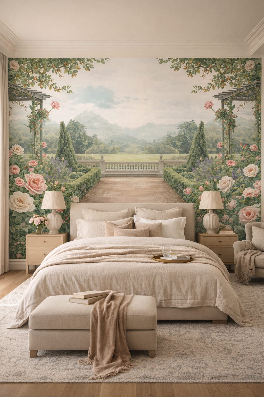 Refined greige roses featuring pergola - Wall Mural Peel and Stick Wallpaper for Quiet Luxury Master Bedroom.