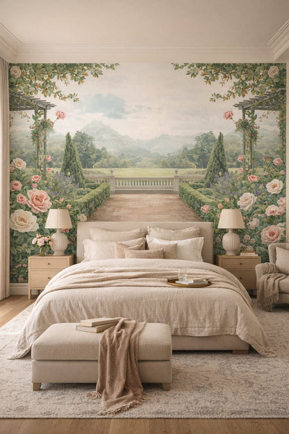 Refined greige roses featuring pergola - Wall Mural Peel and Stick Wallpaper for Quiet Luxury Master Bedroom.